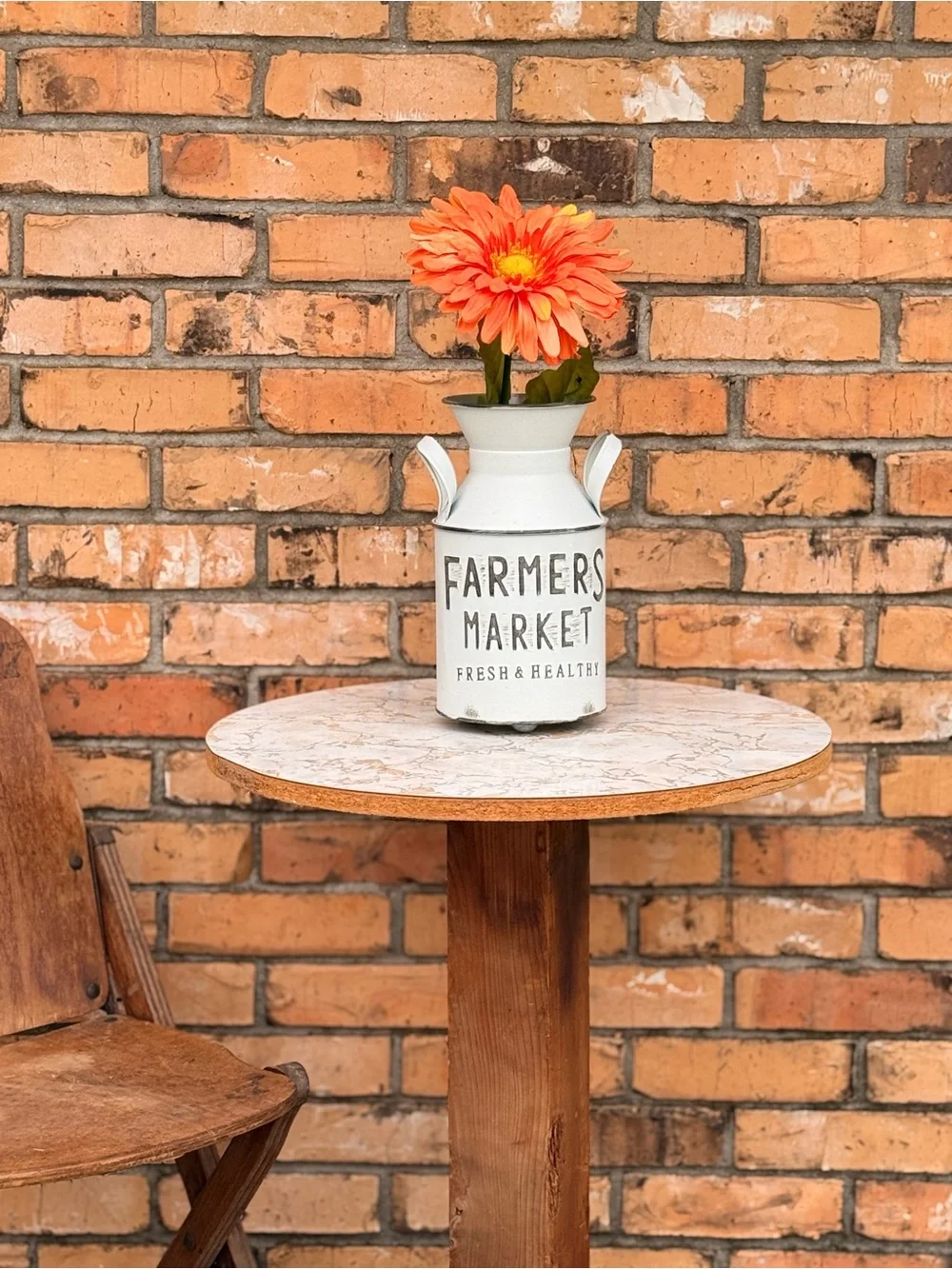 Farmersw Market White Decorative Milk Can Vase with Orange Flower 12”